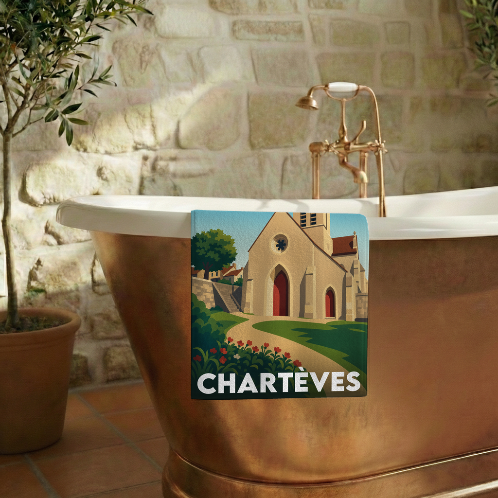 Serviette de bain souvenir de la ville de Chartèves avec une illustration stylisée de son église.