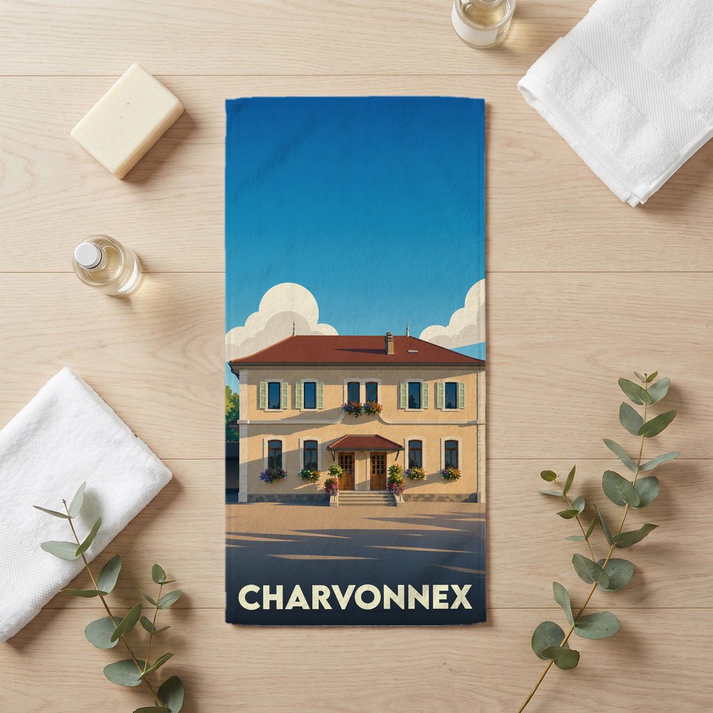 Serviette de bain souvenir de la ville de Charvonnex avec une illustration stylisée d'un bâtiment typique.