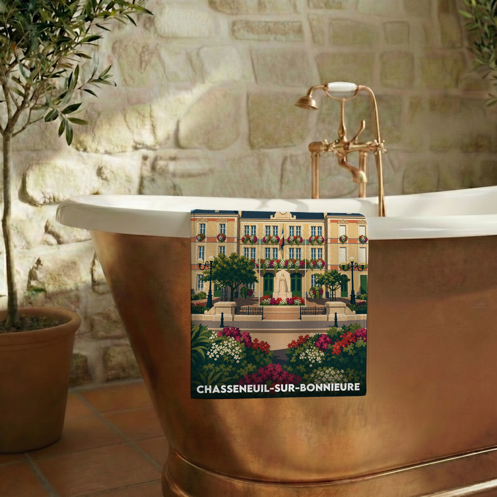 Serviette de bain souvenir de la ville de Chasseneuil-sur-Bonnieure avec une illustration stylisée.