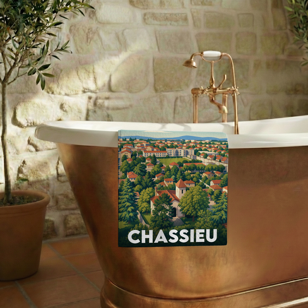Serviette de bain souvenir de la ville de Chassieu avec une illustration stylisée.