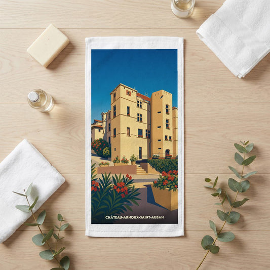 Serviette de bain souvenir de la ville de Château-Arnoux-Saint-Auban avec une illustration stylisée.