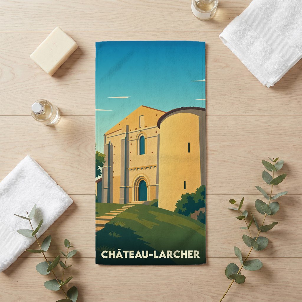Serviette de bain souvenir de la ville de Château-Larcher avec une illustration stylisée.