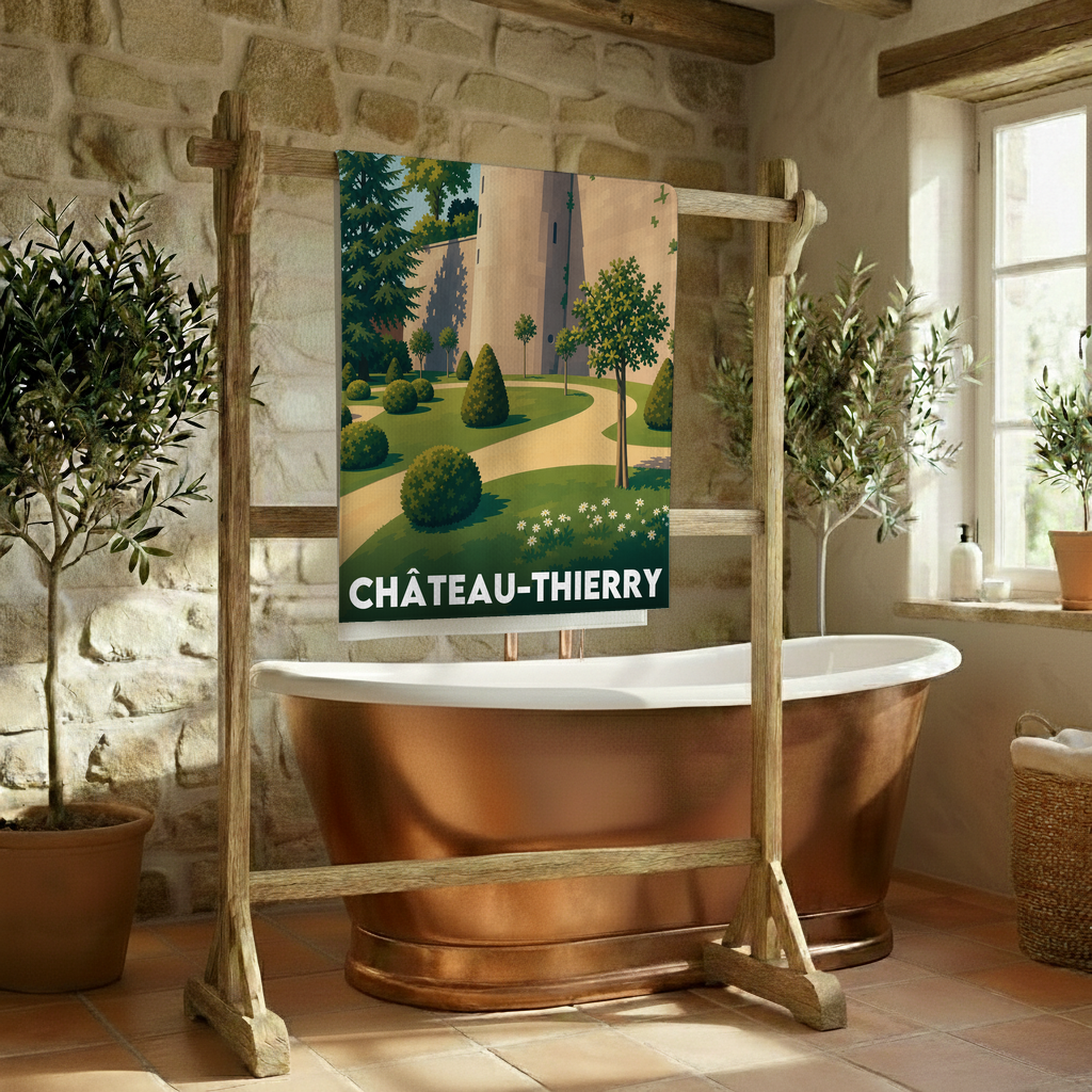 Serviette de bain souvenir de la ville de Château-Thierry avec une illustration stylisée de ses jardins paysagers.