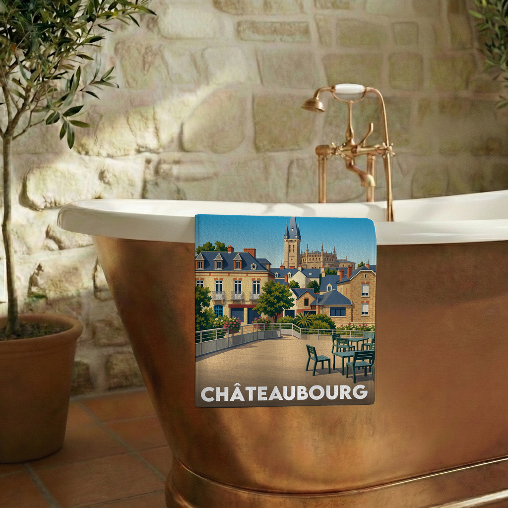 Serviette de bain souvenir de la ville de Châteaubourg avec une illustration stylisée.