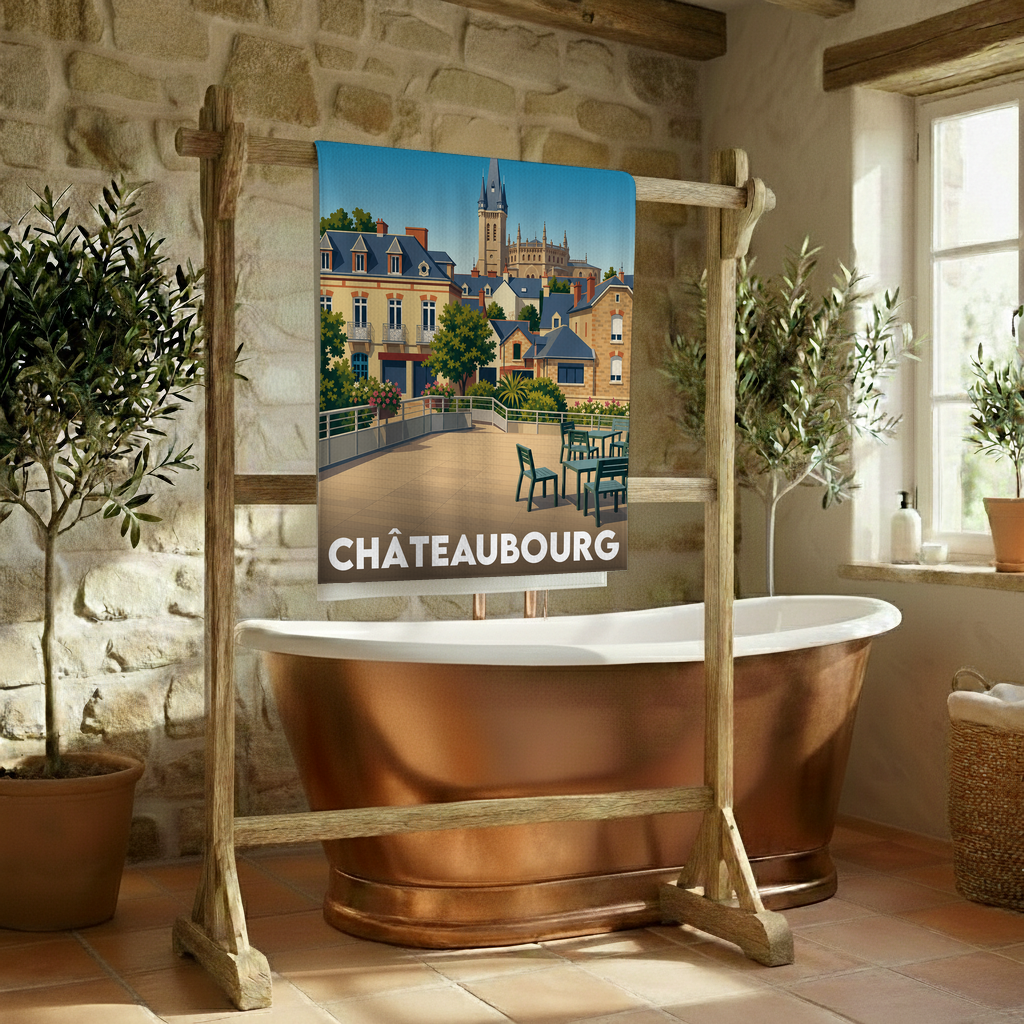 Serviette de bain souvenir de la ville de Châteaubourg avec une illustration stylisée.