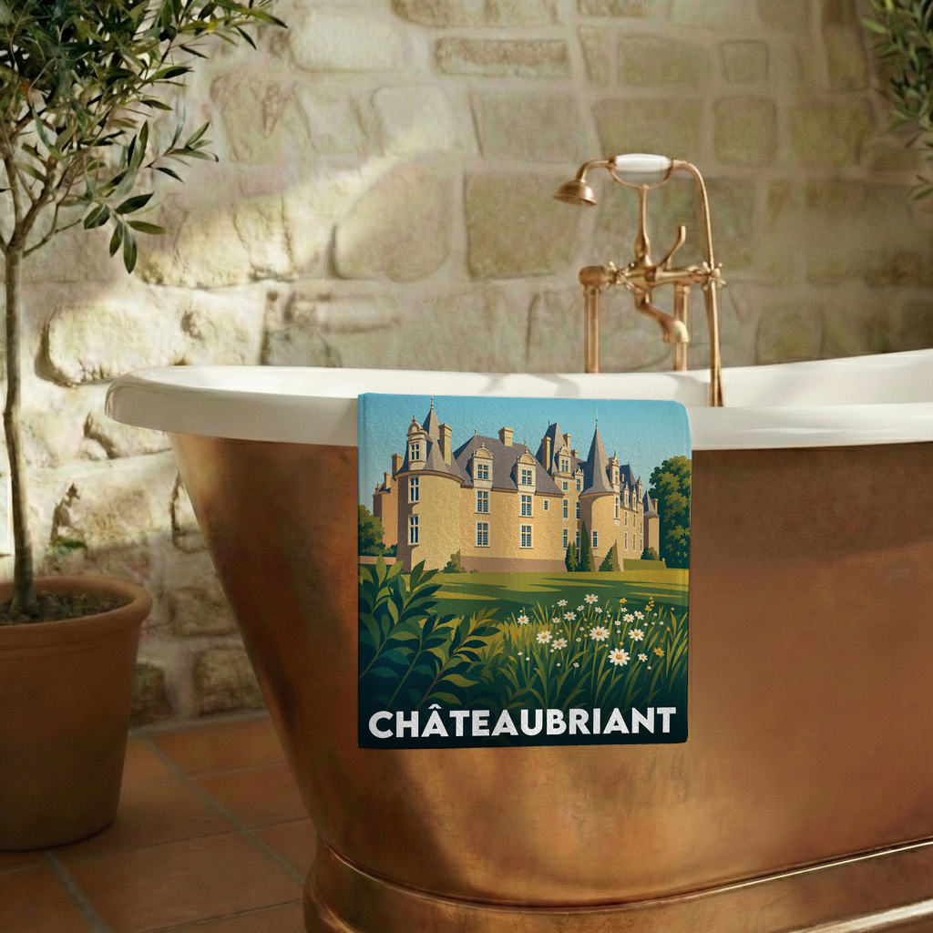 Serviette de bain souvenir de la ville de Châteaubriant avec une illustration stylisée.