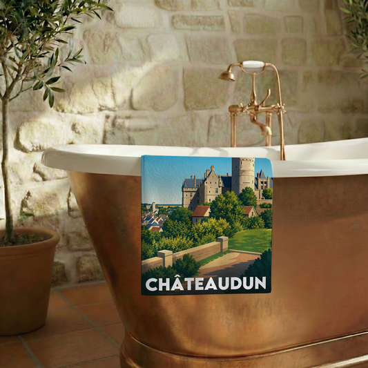 Serviette de bain souvenir de la ville de Châteaudun avec une illustration stylisée.