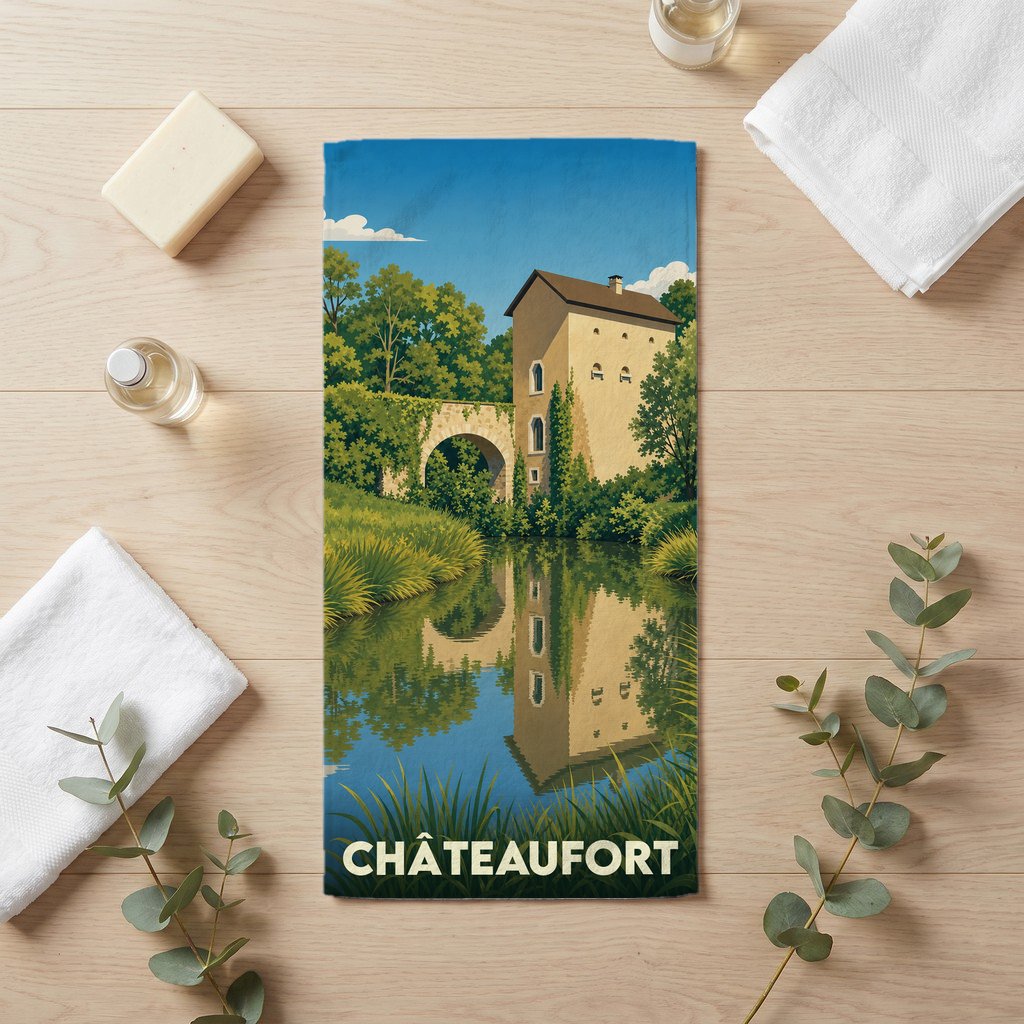 Serviette de bain souvenir de la ville de Châteaufort avec une illustration stylisée d'un bâtiment historique et son reflet dans l'eau.