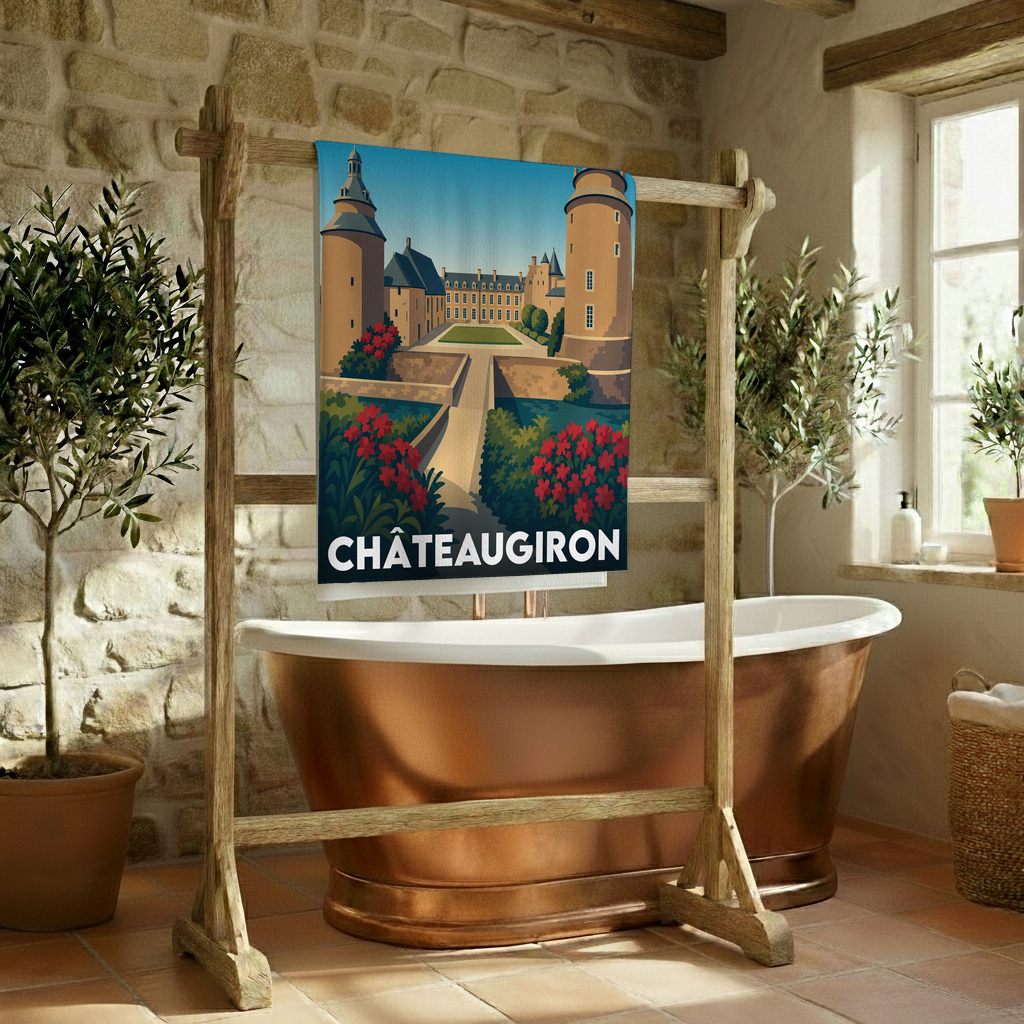 Serviette de bain souvenir de la ville de Châteaugiron avec une illustration stylisée de son château.