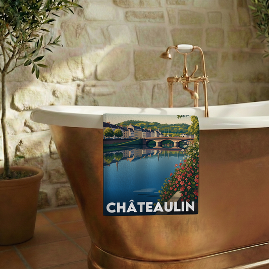 Serviette de bain souvenir de la ville de Châteaulin avec une illustration stylisée.