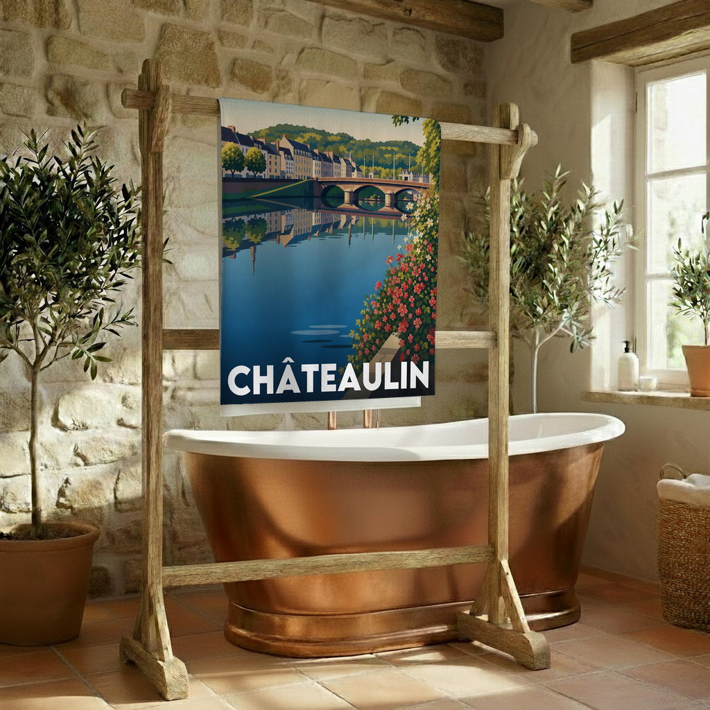 Serviette de bain souvenir de la ville de Châteaulin avec une illustration stylisée.