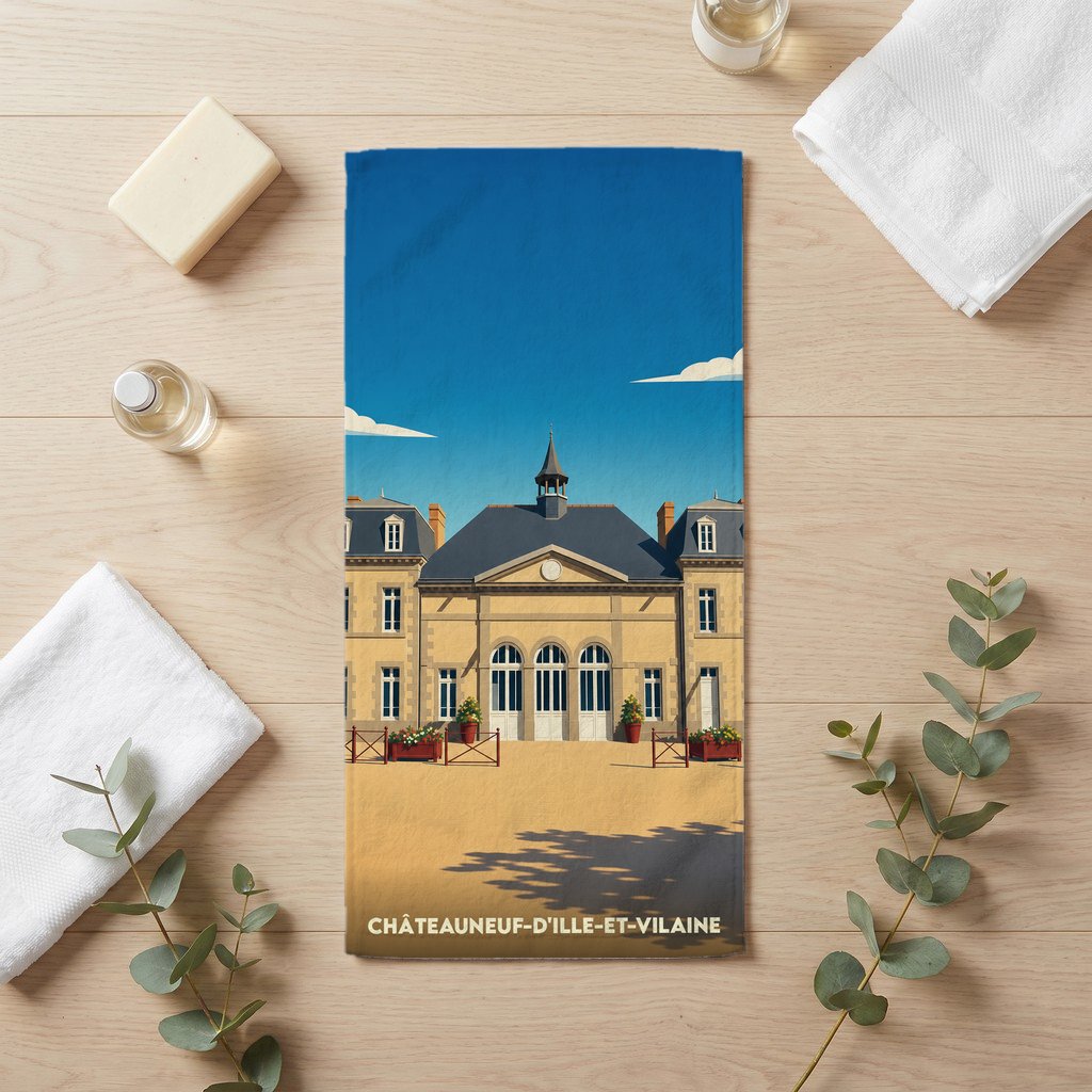 Serviette de bain souvenir de la ville de Châteauneuf-d'Ille-et-Vilaine avec une illustration stylisée.
