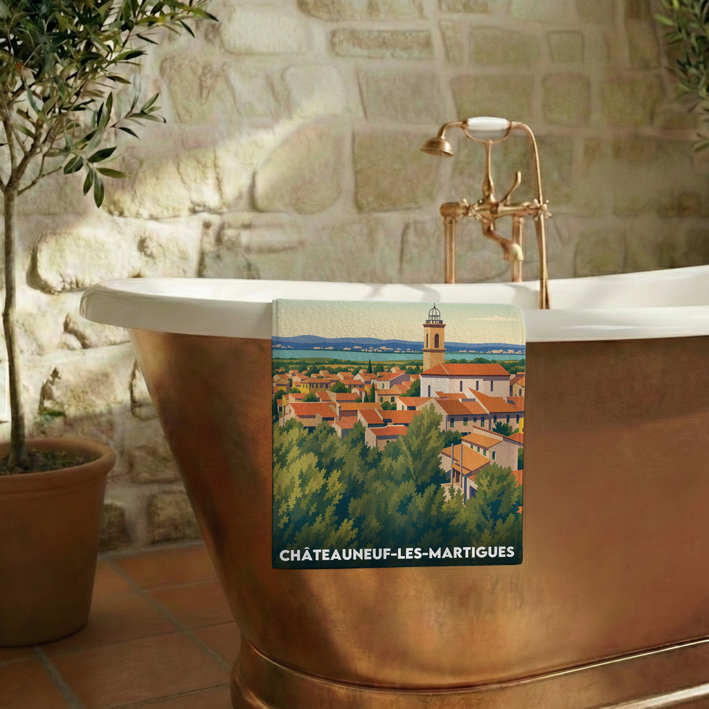 Serviette de bain souvenir de la ville de Châteauneuf-les-Martigues avec une illustration stylisée.