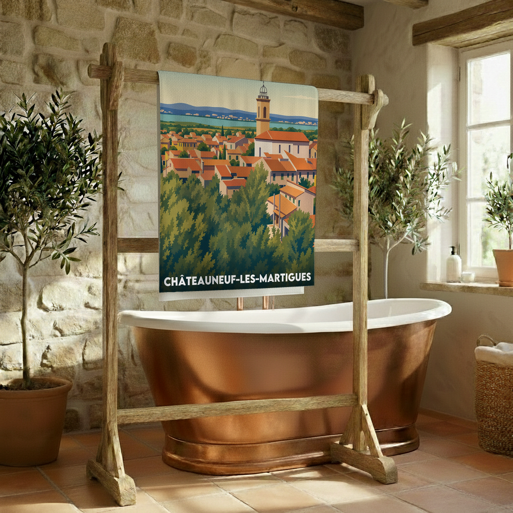 Serviette de bain souvenir de la ville de Châteauneuf-les-Martigues avec une illustration stylisée.