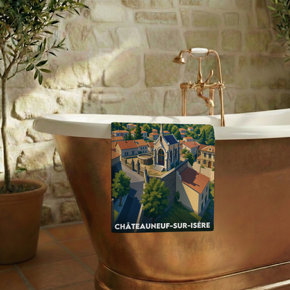 Serviette de bain souvenir de la ville de Châteauneuf-sur-Isère avec une illustration stylisée.