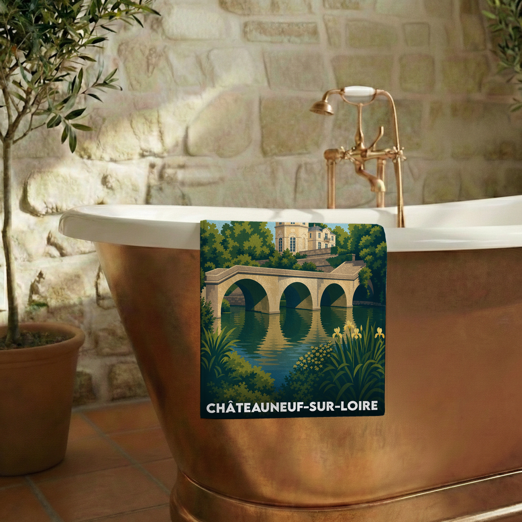 Serviette de bain souvenir de Châteauneuf-sur-Loire illustrée d'un pont enjambant la rivière devant le château.