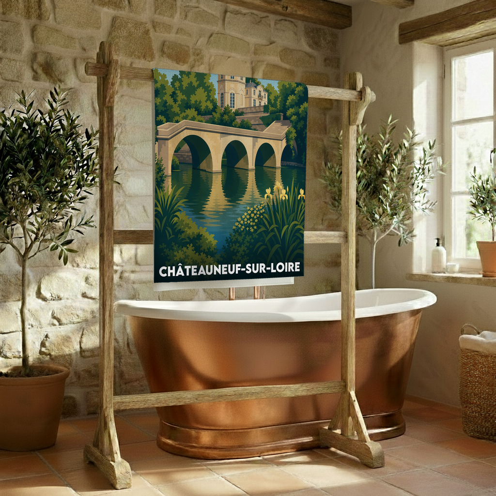Serviette de bain souvenir de Châteauneuf-sur-Loire ornée d'une illustration stylisée de son pont et de son château.