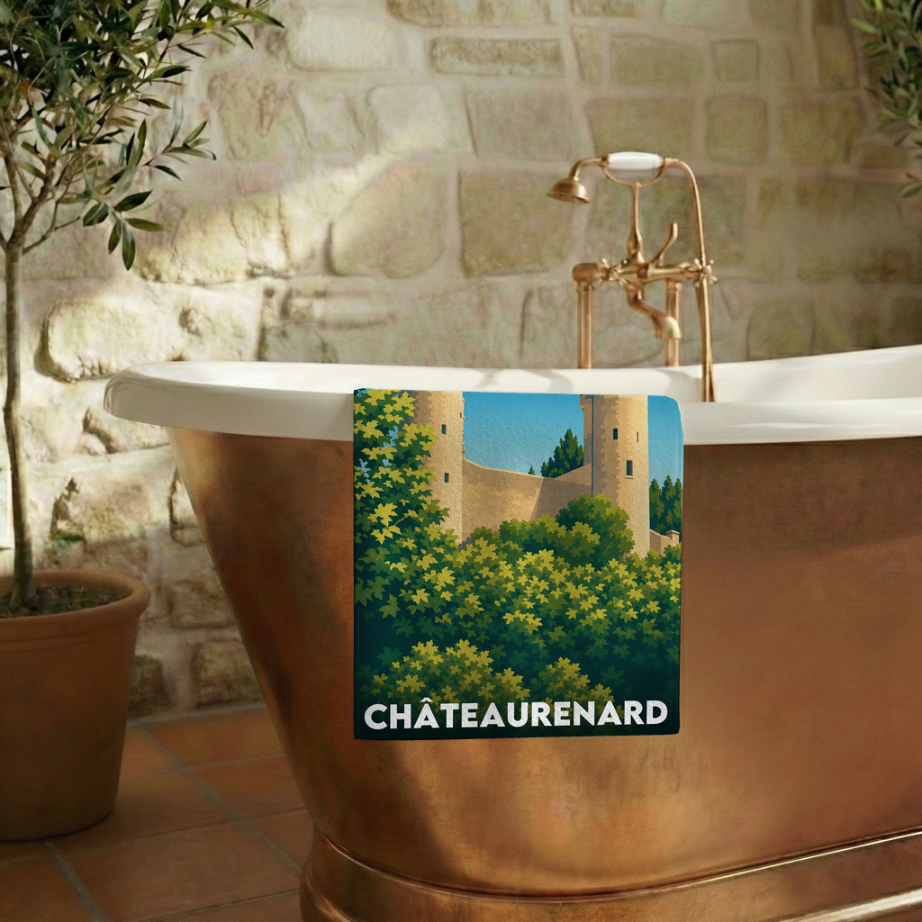 Serviette de bain souvenir de la ville de Châteaurenard avec une illustration stylisée de son château.