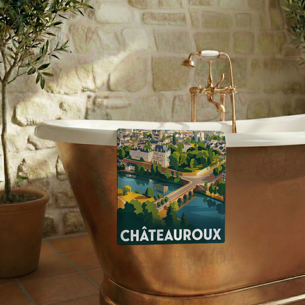 Serviette de bain souvenir de la ville de Châteauroux avec une illustration stylisée.