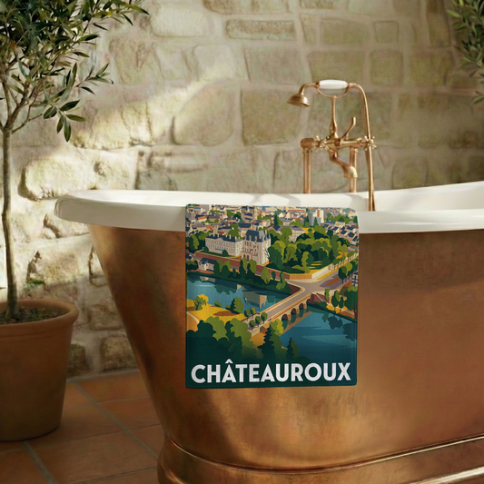 Serviette de bain souvenir de la ville de Châteauroux avec une illustration stylisée.
