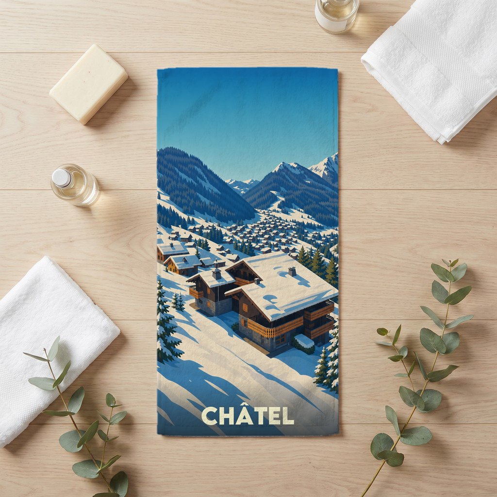 Serviette de bain souvenir de la ville de Châtel illustrant un village de montagne enneigé.