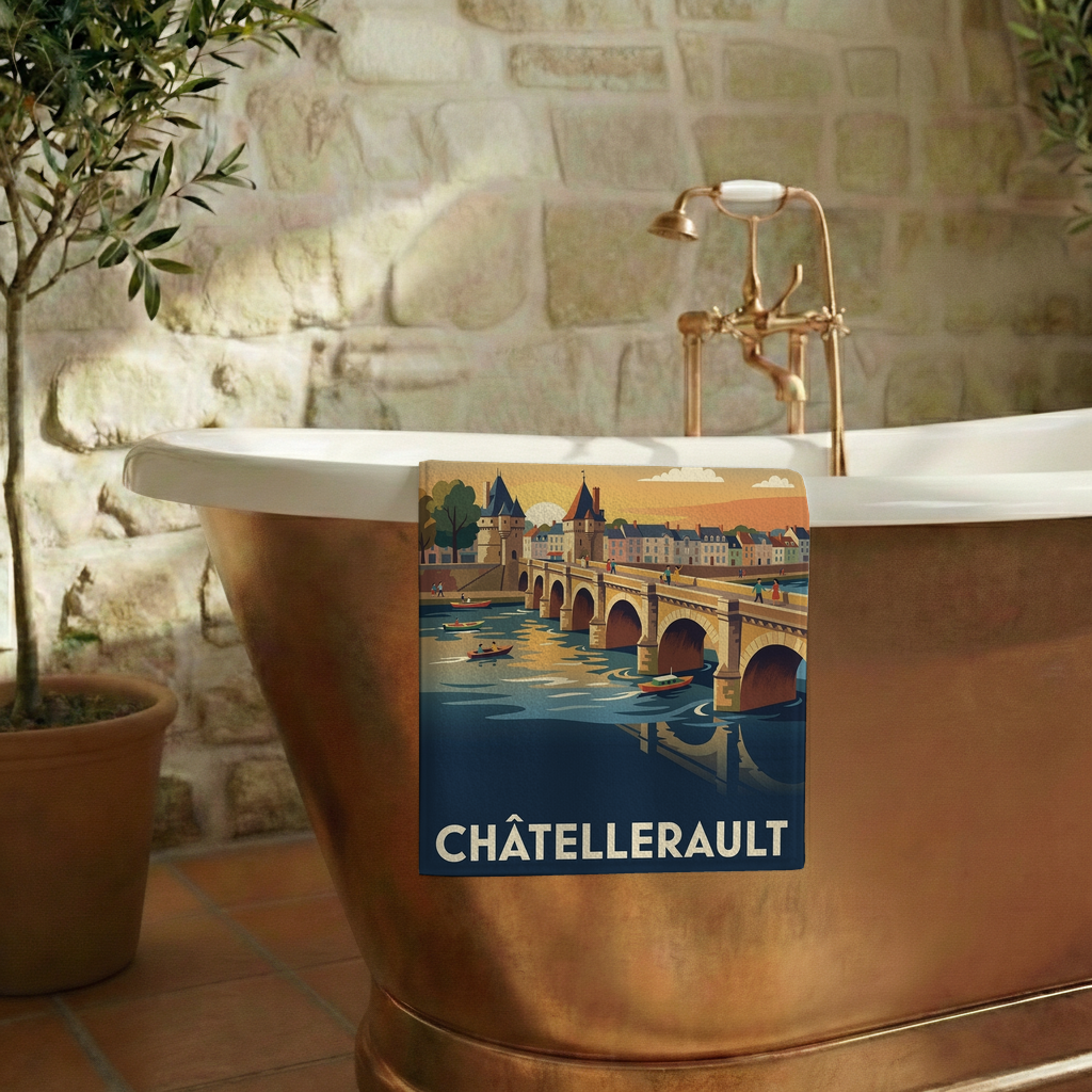 Serviette de bain souvenir de la ville de Châtellerault avec une illustration stylisée.