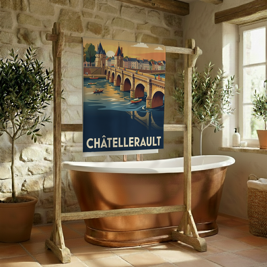 Serviette de bain souvenir de la ville de Châtellerault avec une illustration stylisée.