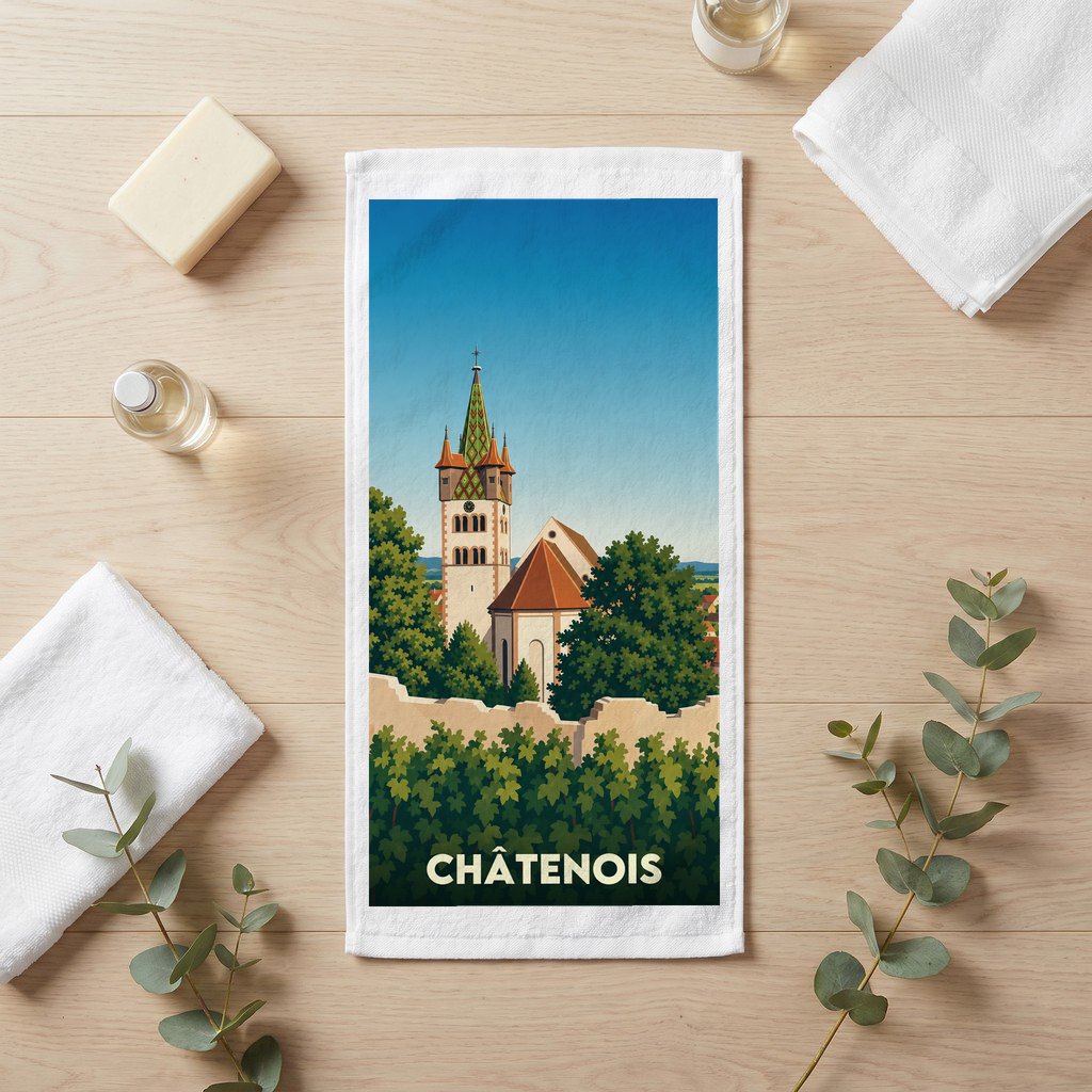 Serviette de bain souvenir de la ville de Châtenois avec une illustration stylisée de son église et ses vignes.