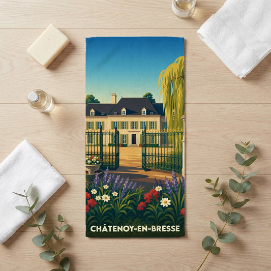 Serviette de bain souvenir de Châtenoy-en-Bresse illustrée d'un château avec jardin.