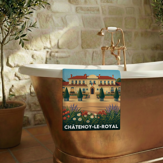 Serviette de bain souvenir de la ville de Châtenoy-le-Royal avec une illustration stylisée.