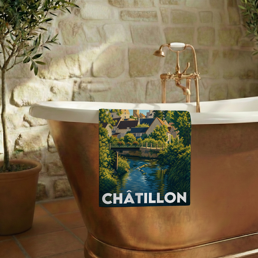 Serviette de bain souvenir de la ville de Châtillon avec une illustration stylisée.