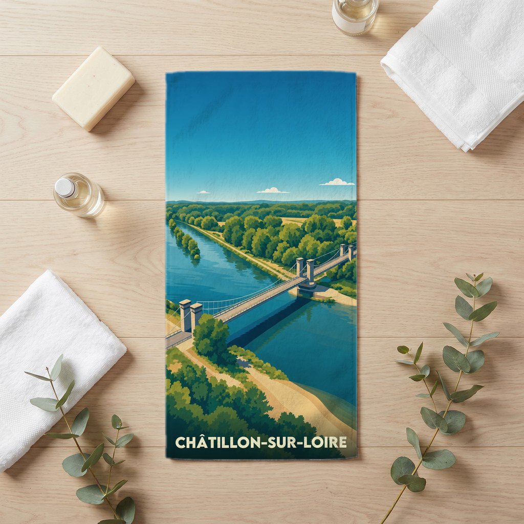 Serviette de bain souvenir de Châtillon-sur-Loire avec une illustration stylisée de son pont suspendu enjambant le fleuve.