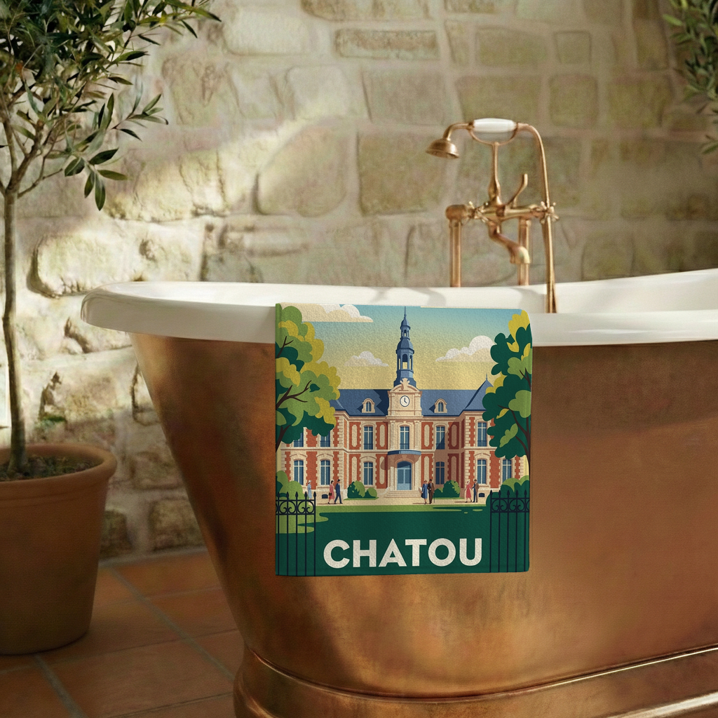 Serviette de bain souvenir de la ville de Chatou avec une illustration stylisée de son architecture.