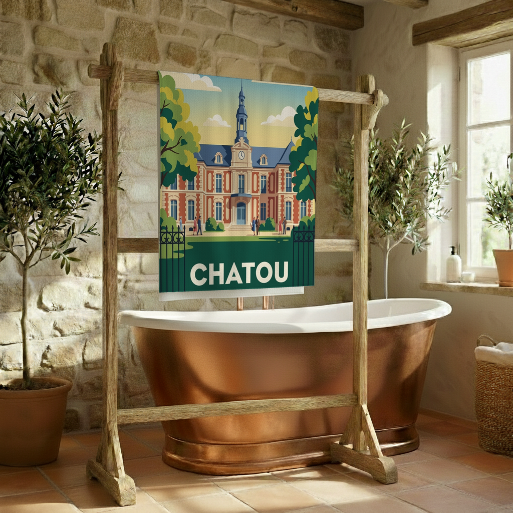 Serviette de bain souvenir de la ville de Chatou avec une illustration stylisée de son architecture.