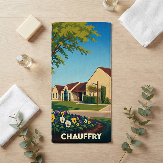 Serviette de bain souvenir de la ville de Chauffry avec une illustration stylisée de ses bâtiments et jardins.