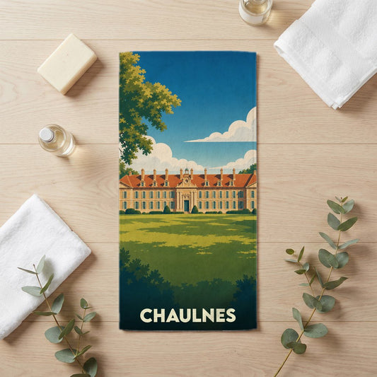 Serviette de bain souvenir de la ville de Chaulnes illustrée d'un château majestueux dans un style vintage.