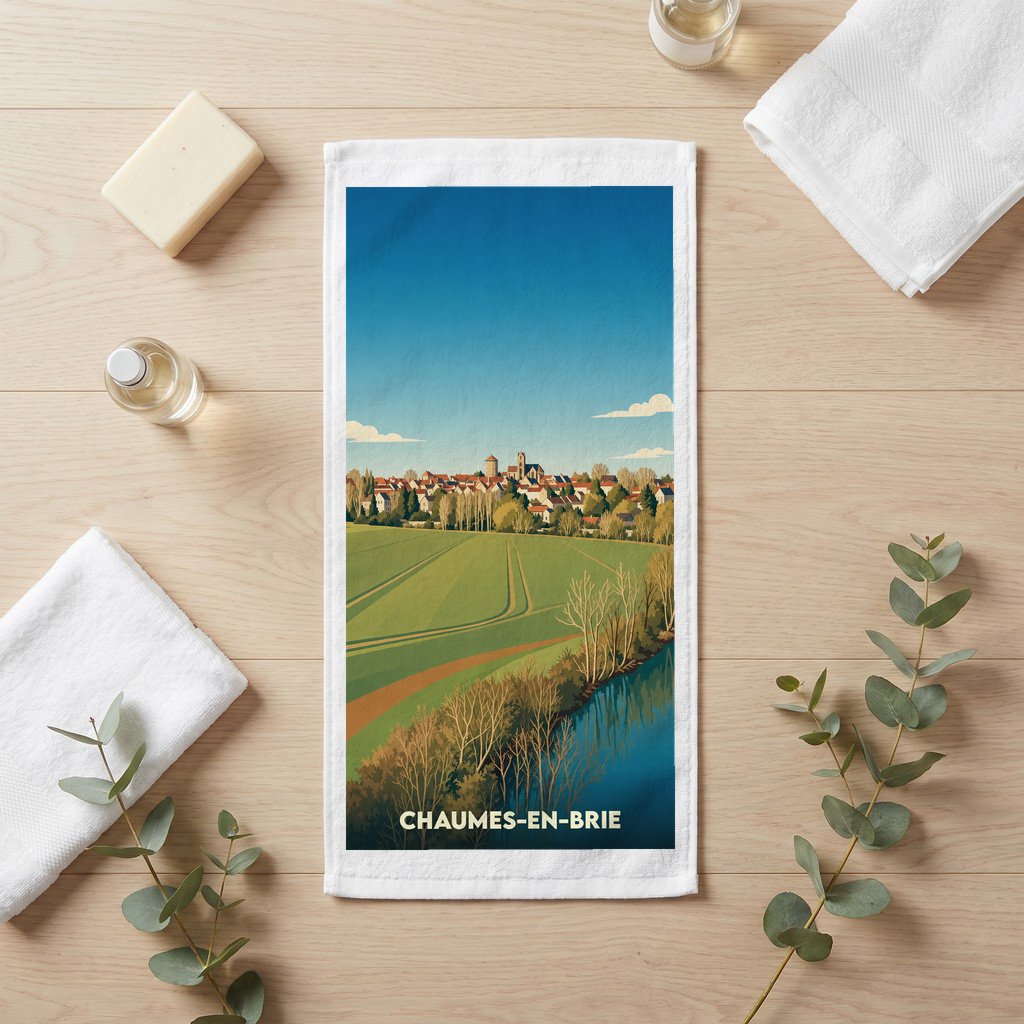 Serviette de bain souvenir de la ville de Chaumes-en-Brie avec une illustration stylisée.