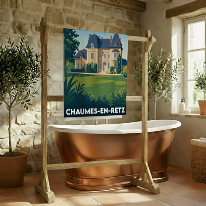 Serviette de bain souvenir de la ville de Chaumes-en-Retz avec une illustration stylisée de château.