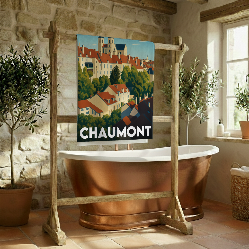 Serviette de bain souvenir de la ville de Chaumont avec une illustration stylisée.