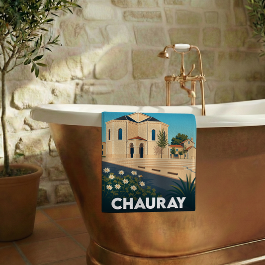 Serviette de bain souvenir de la ville de Chauray avec une illustration stylisée.