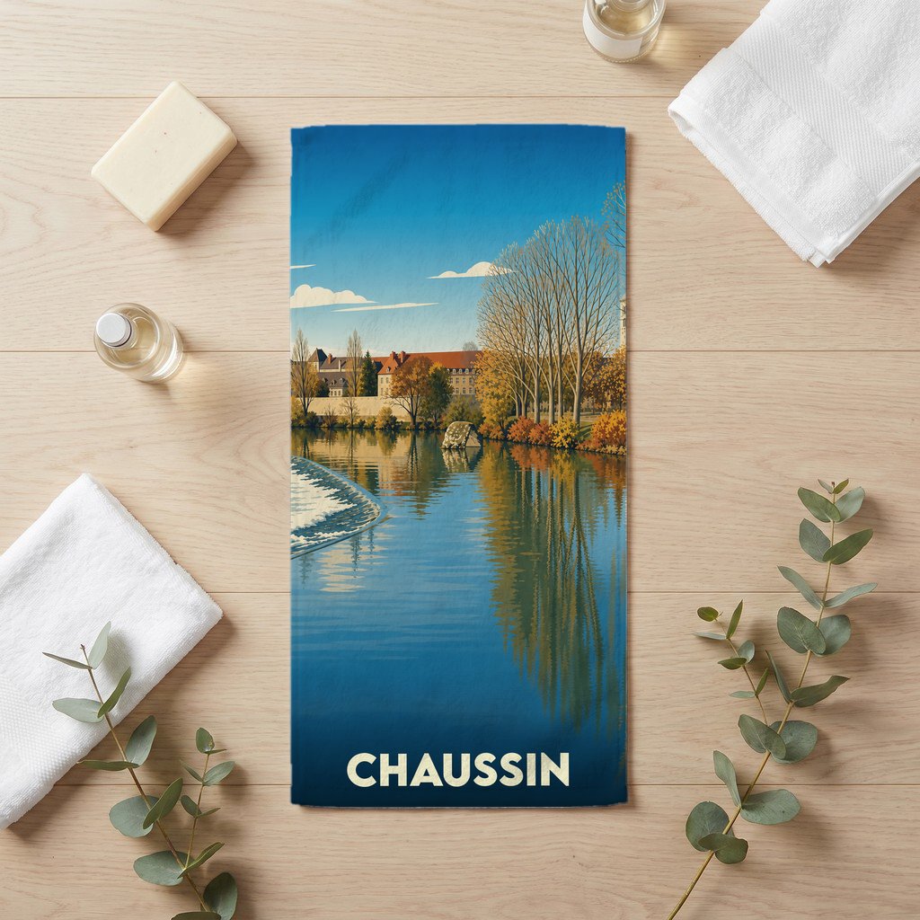Serviette de bain souvenir de la ville de Chaussin avec une illustration paysagère stylisée.