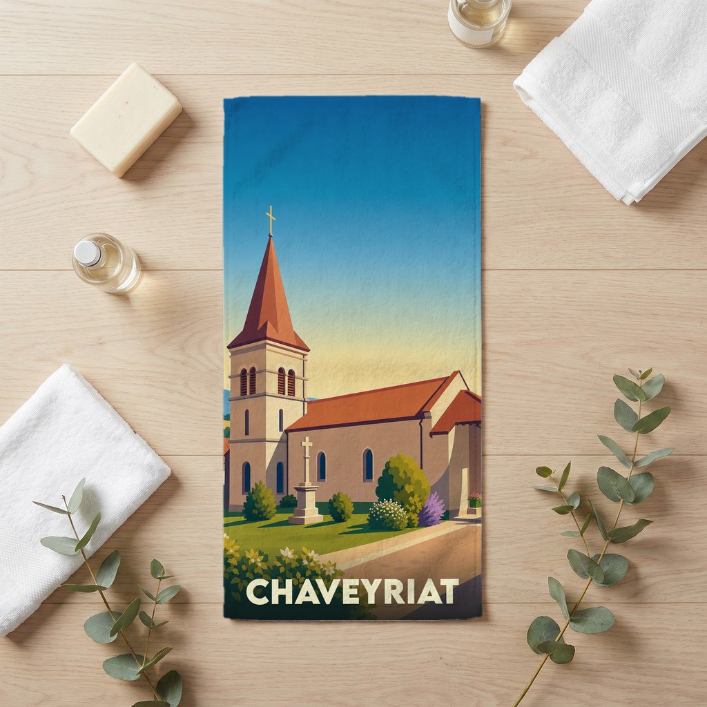 Serviette de bain souvenir de la ville de Chaveyriat avec une illustration stylisée de son église.