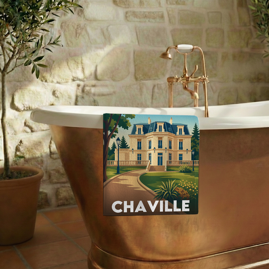 Serviette de bain souvenir de la ville de Chaville avec une illustration stylisée.