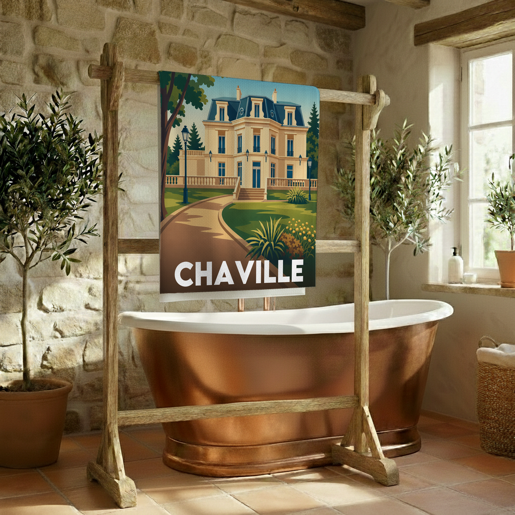 Serviette de bain souvenir de la ville de Chaville avec une illustration stylisée.
