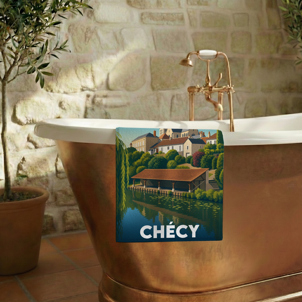 Serviette de bain souvenir de la ville de Chécy avec une illustration stylisée.