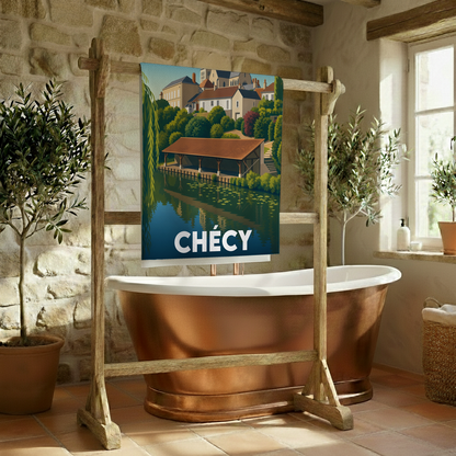Serviette de bain souvenir de la ville de Chécy illustrée d'un paysage pittoresque en bord de rivière.