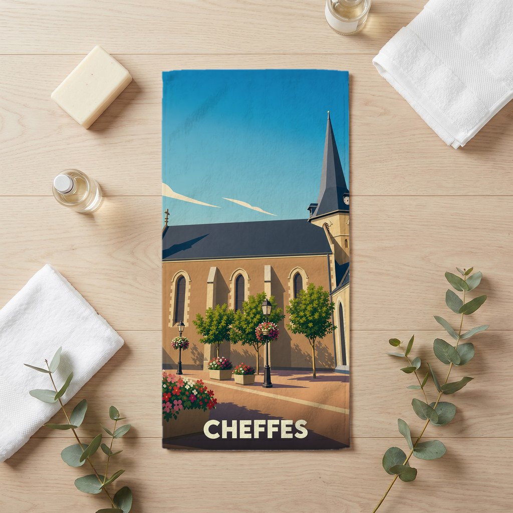 Serviette de bain souvenir de la ville de Cheffes avec une illustration stylisée de son église.