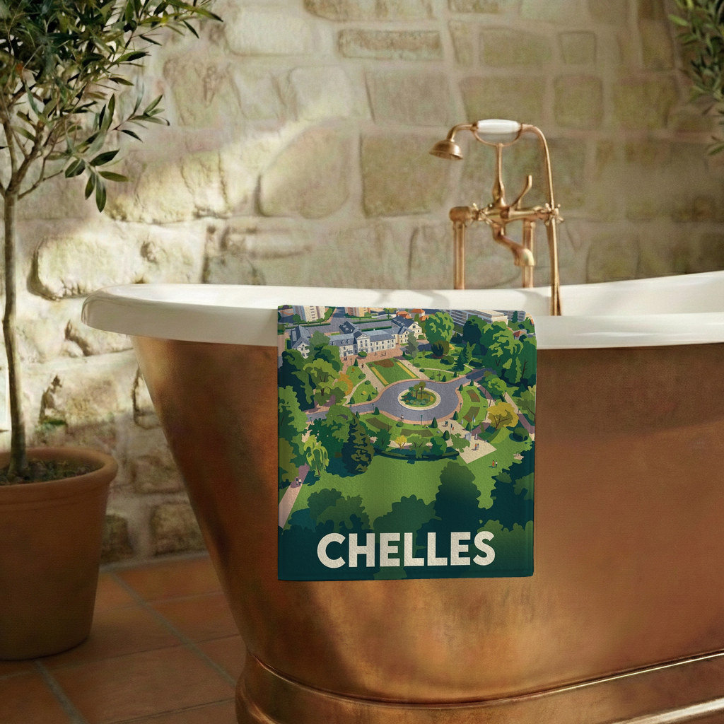 Serviette de bain souvenir de la ville de Chelles avec une illustration stylisée.