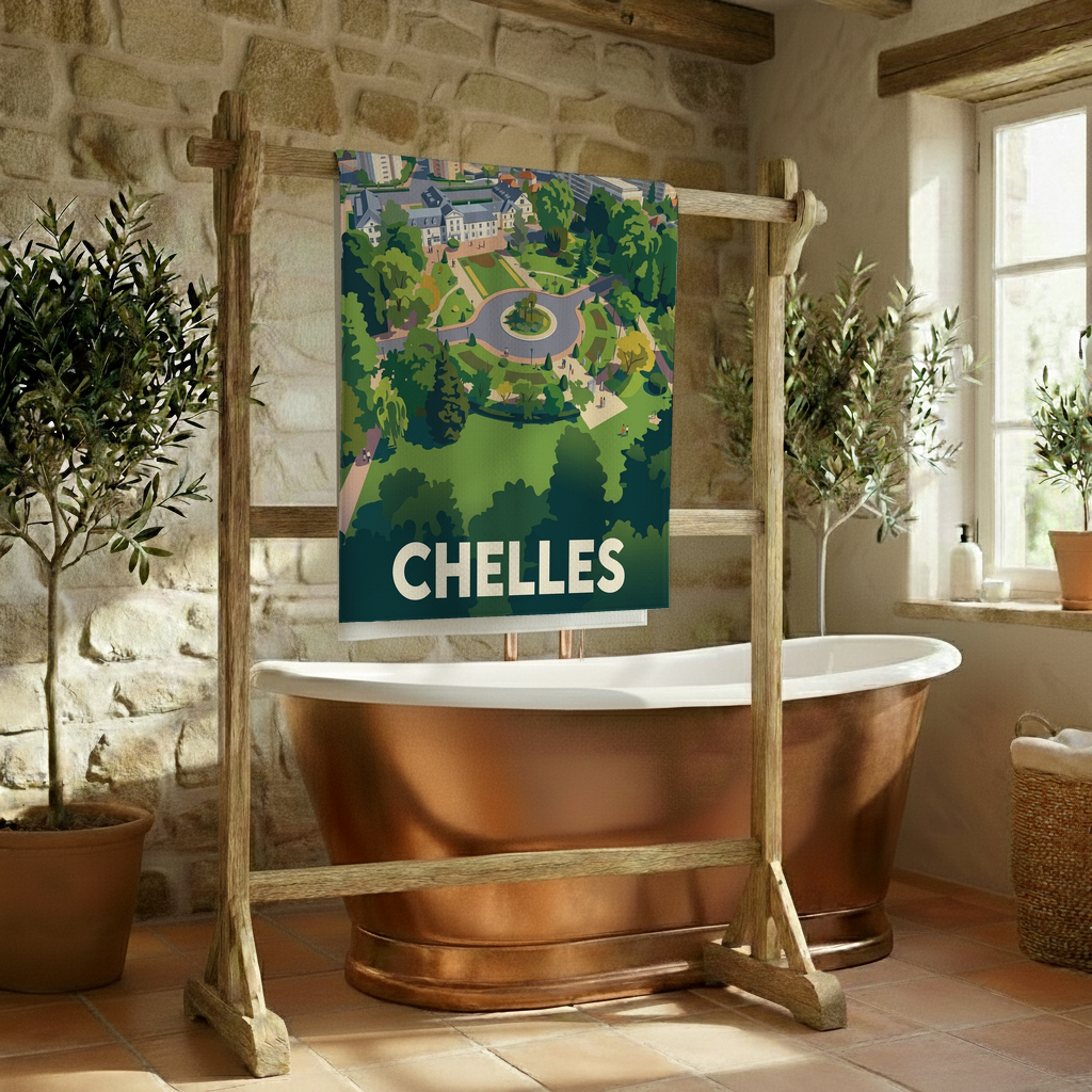 Serviette de bain souvenir de la ville de Chelles avec une illustration stylisée.
