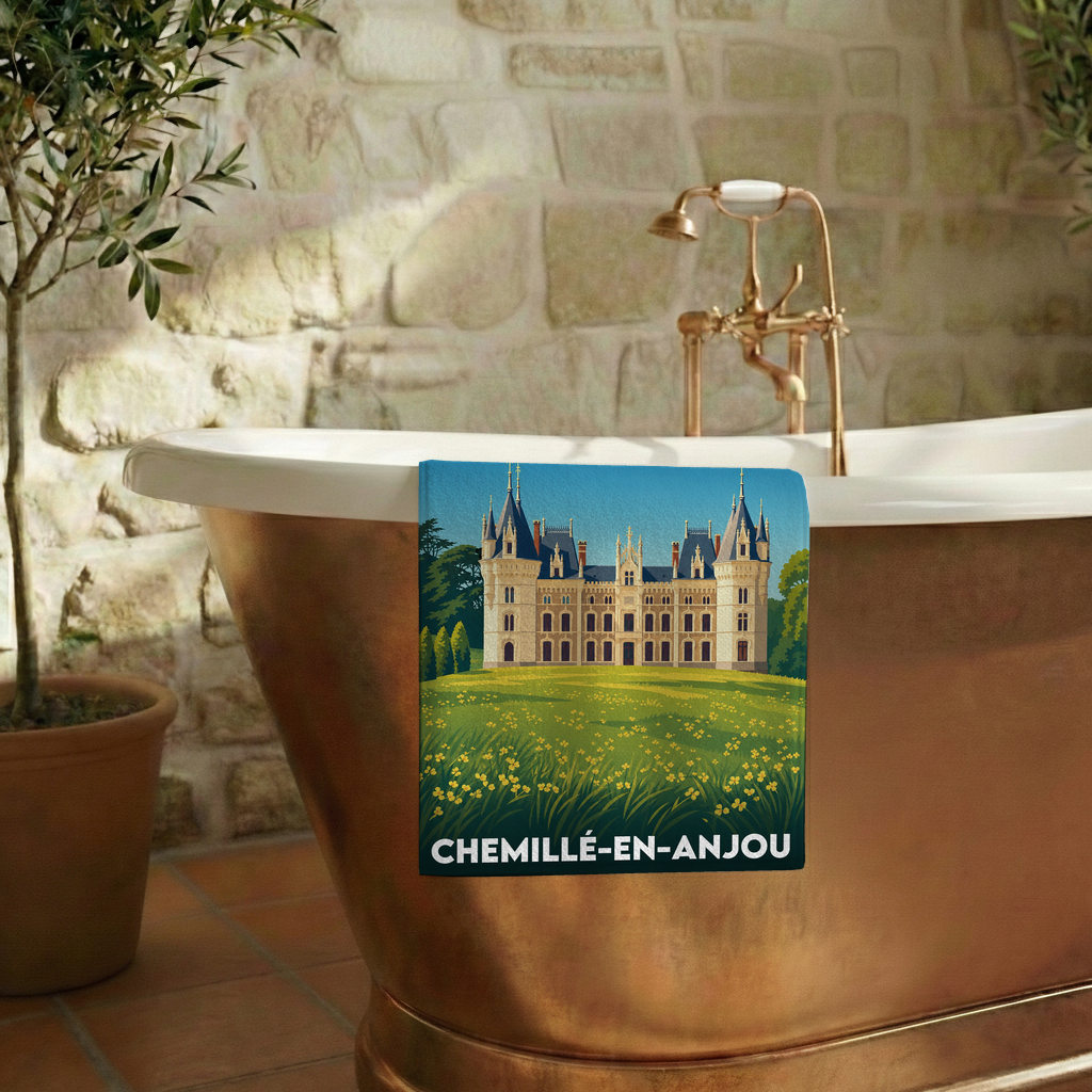 Serviette de bain souvenir de la ville de Chemillé-en-Anjou avec une illustration stylisée.